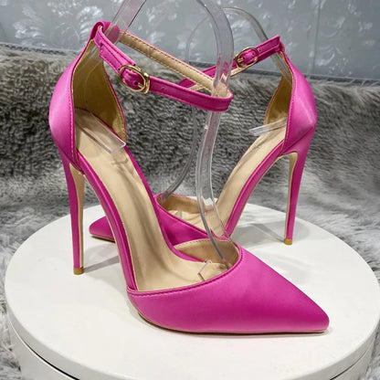 Silk Satin Ankle Strap Pointy Toe High Heel Shoes for Women in Black, Pink, and Green