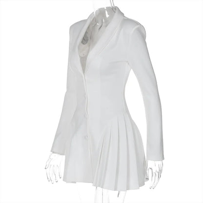 Plunging Neckline Pleated & Buttoned Blazer Dress