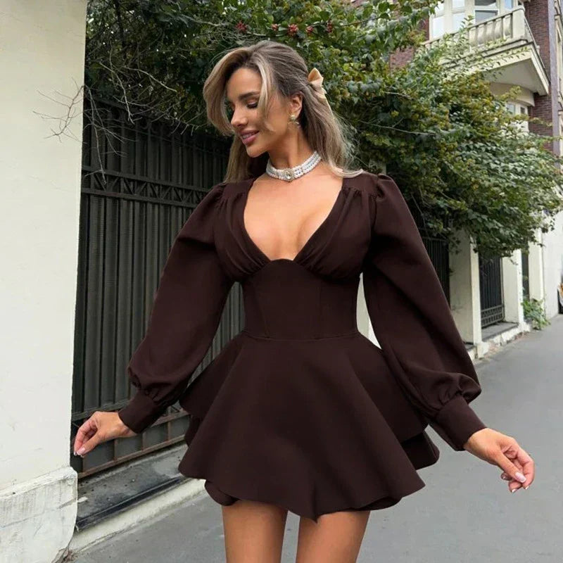 Plunging V-Neck Puff Sleeve Tiered Ruffle Mini Dress