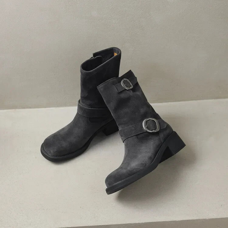 | Suede Buckle Boots in Black