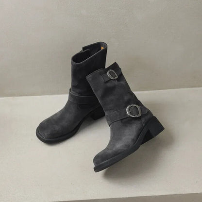 | Suede Buckle Boots in Black