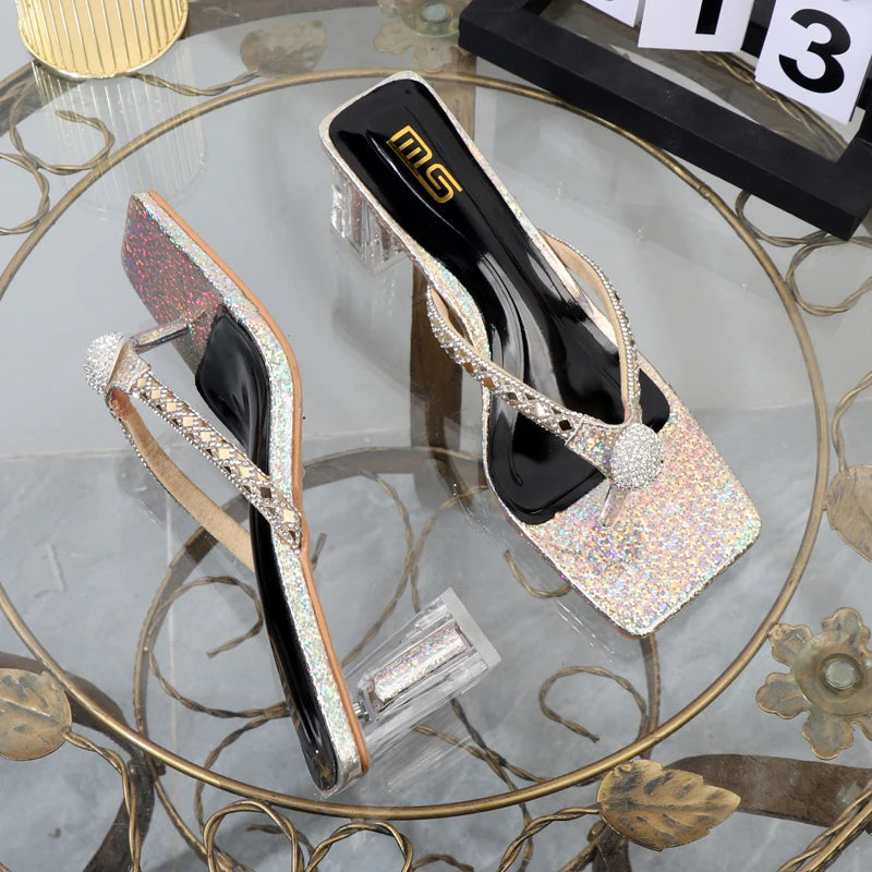 Women's Rhinestone Square Toe Flip Flops with Transparent Thick Heel
