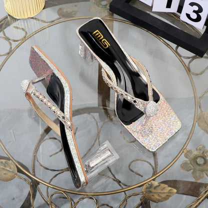 Women's Rhinestone Square Toe Flip Flops with Transparent Thick Heel