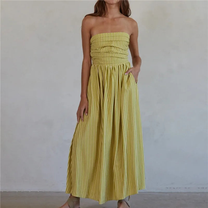 Striped Strapless Flowy Tube Midi Dress