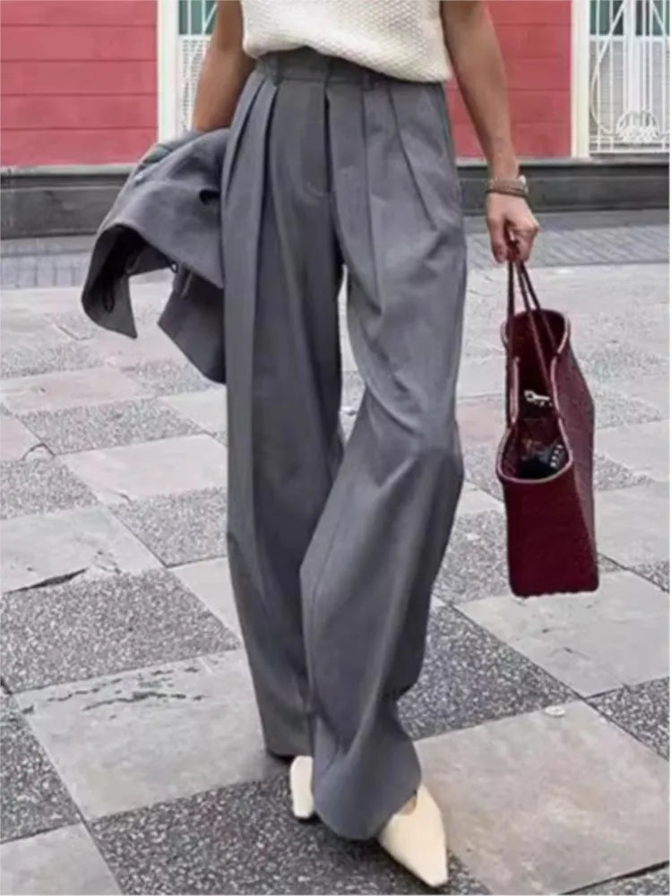 New Autumn Gray Straight Pant Cotton Blend Solid Color High Wiast Loose Woman Trouser Casual Simple Female Clothing New