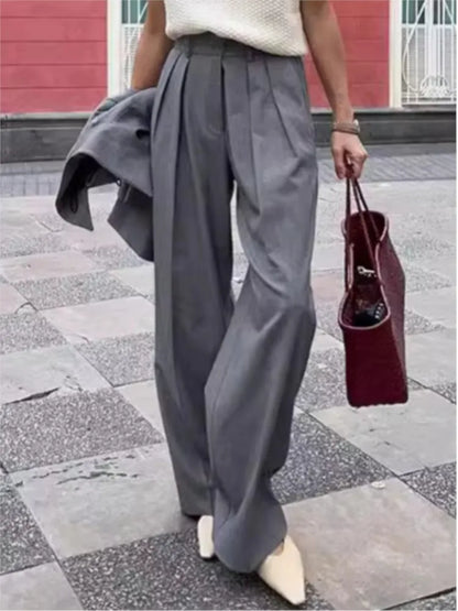 New Autumn Gray Straight Pant Cotton Blend Solid Color High Wiast Loose Woman Trouser Casual Simple Female Clothing New