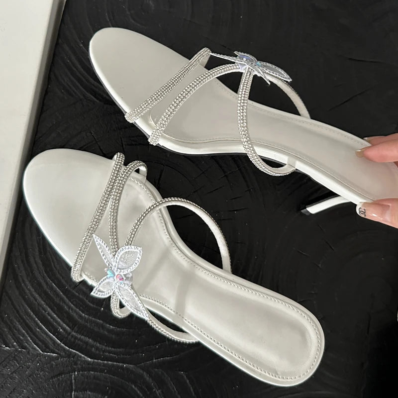 CRYSTAL Narrow Band Butterfly-knot Satin Slip On Sandal for Women