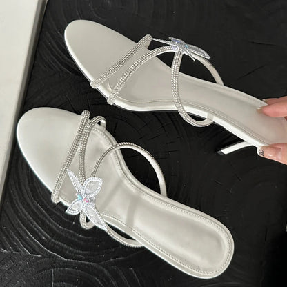 CRYSTAL Narrow Band Butterfly-knot Satin Slip On Sandal for Women