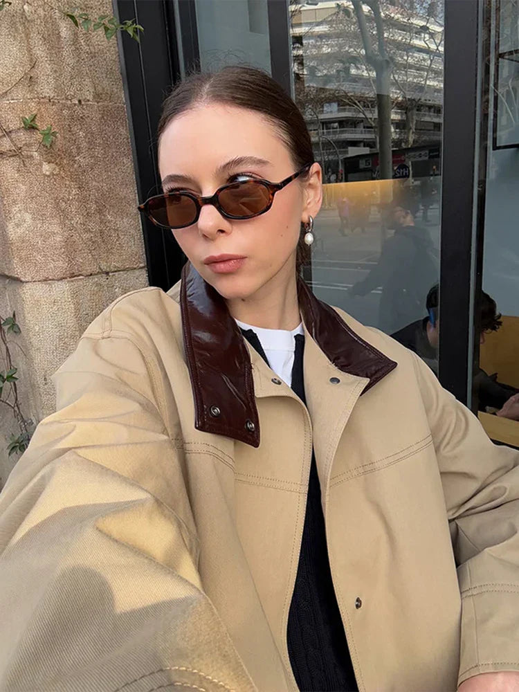 Leather Collar Cargo Jacket Button Down Plaid Pattern Patchwork Jackets Vintage Contrast Color Trench Coat Loose Casual Outwear