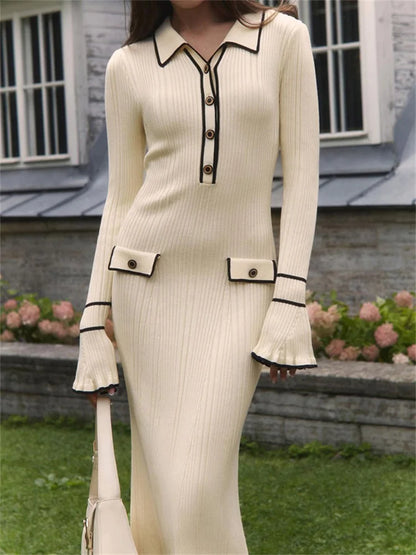 Ribbed Knit Polo Collar Bell Cuff Faux Pocket Mini Dress