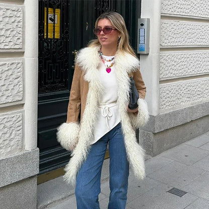 Vintage Furry Faux Fur Women Patchwork Coats Winter Long Sleeve Lapel Female Loose Jacket Casual Pockets Thick Warm Lady Outwear