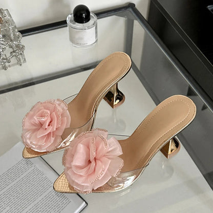 Transparent PVC Women's Fashion Flowers Pointed Toe High Heel Slippers