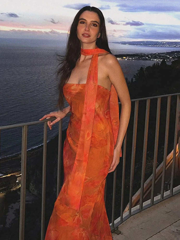 Strapless Mesh Print Splice Maxi Dress