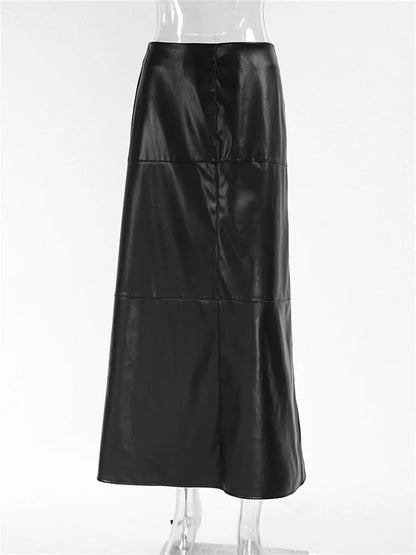 Black PU High Waist Long Skirt For Women Patchwork Casual Commute Slim Autumn Plaid Skirt Fashion Female Maxi Skirt