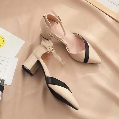 Block Heel Ankle Strap Pumps | Contrast Band | Pointed Toe