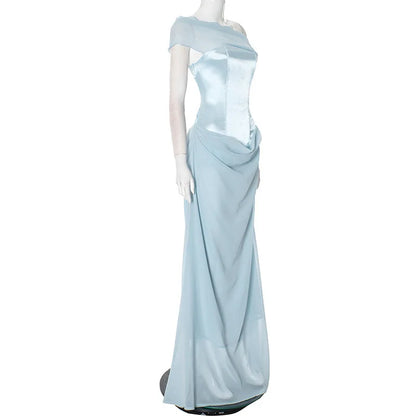 Patchwork Diagonal Collar Women Maxi Dress