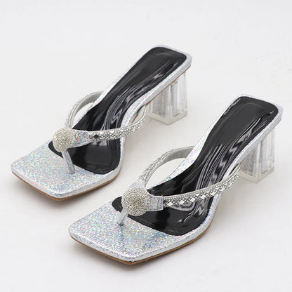 Glitter Rhinestones Transparent Low Heels Slippers Crystal Strap Sandals for Women