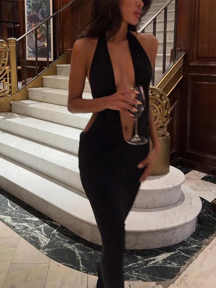 Deep V Halter Bandage Slim Party Dress