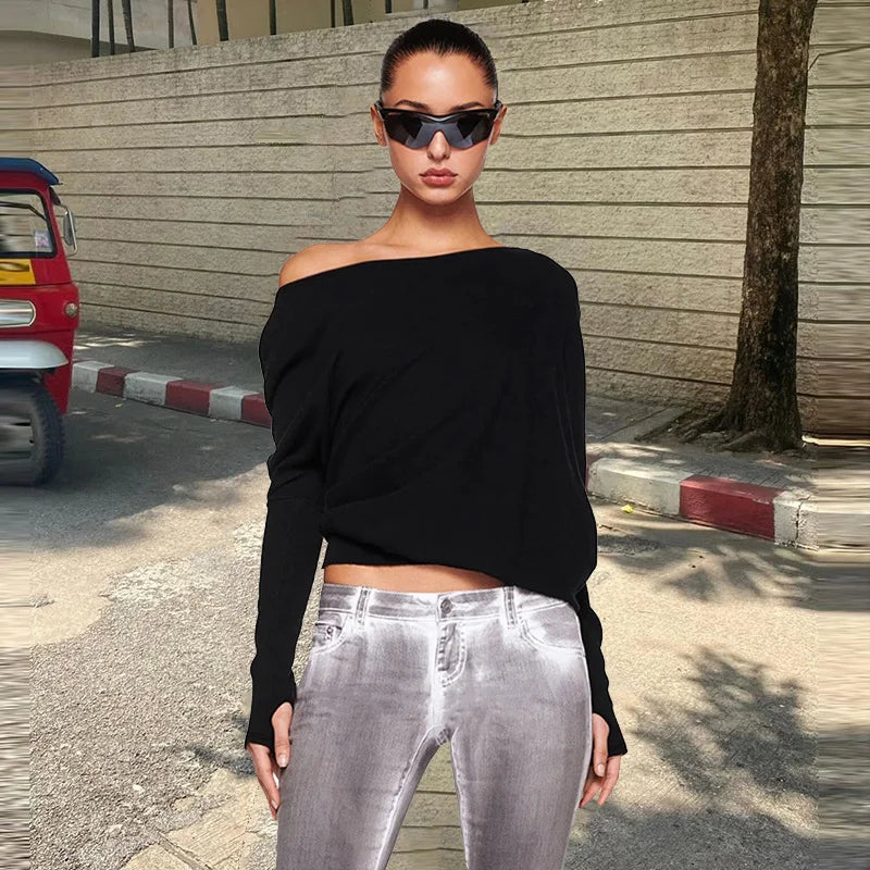 White Off-shoulder T-shirt Pollover For Women Loose Casual Short Top Party Club T-shirt Hot Girl Autumn New Long Sleeve