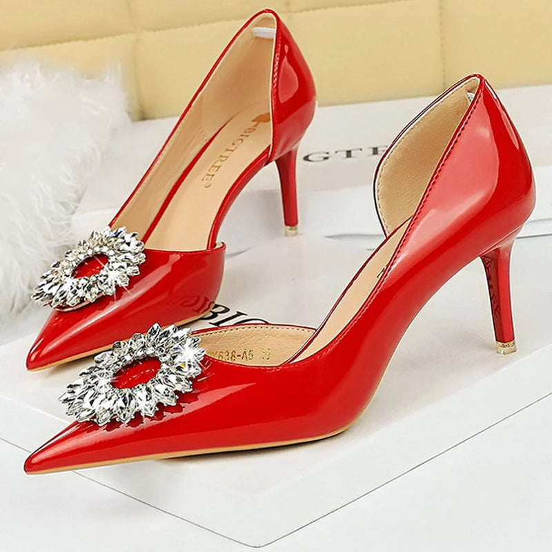 Patent Leather High Heel Pumps with Rhinestone Buckle