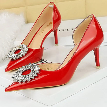 Patent Leather High Heel Pumps with Rhinestone Buckle