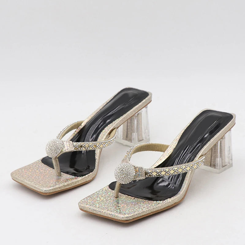 Glitter Rhinestones Transparent Low Heels Slippers Crystal Strap Sandals for Women