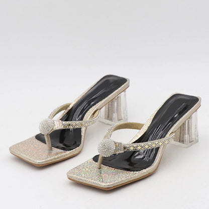 Glitter Rhinestones Transparent Low Heels Slippers Crystal Strap Sandals for Women