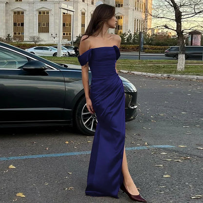 One Shoulder Lace Up Slit Prom Dress