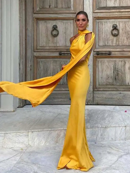 Solid Ribbon Halter Off Shoulder Silk Dress