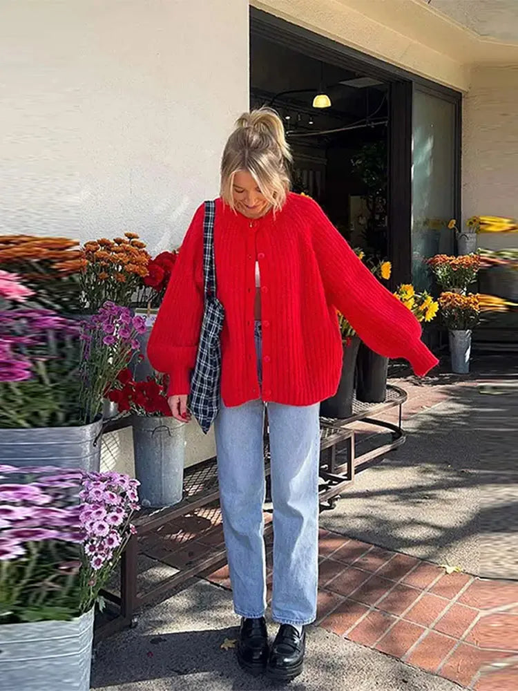 Red O-neck Button Long Sleeve Cardigan
