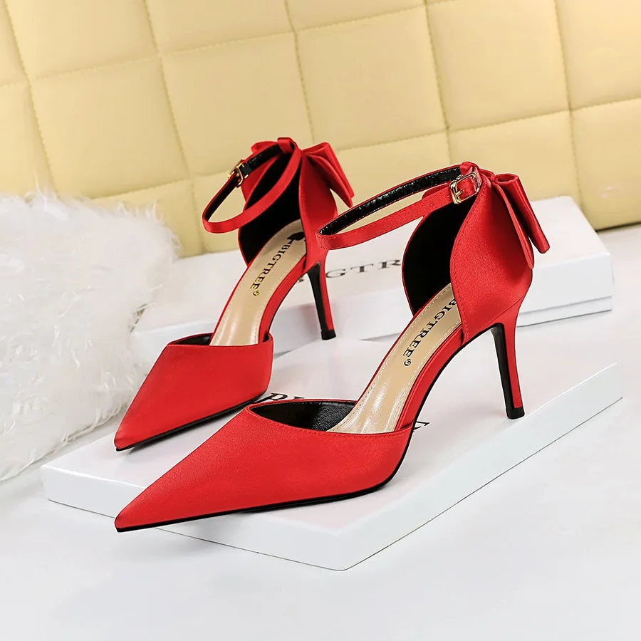 Korean Style Pipanus High Heels Satin Sandals with Bows Women's Shoes