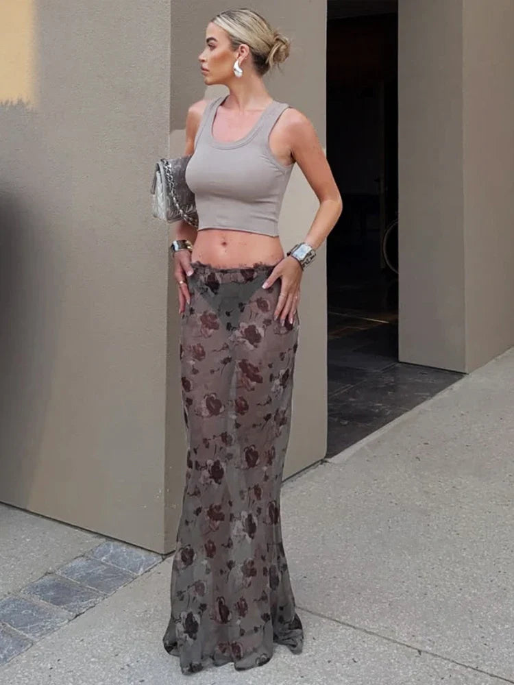 Flower Print See Through Long Skirt