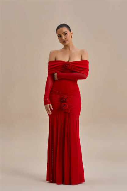 Off-shoulder Strapless Rose Long Sleeve Dress