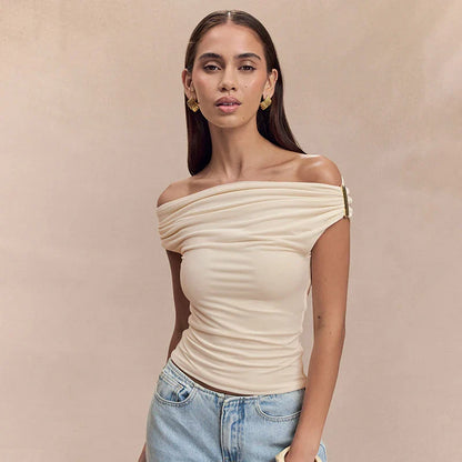 Pleated One-Shoulder Knit Top