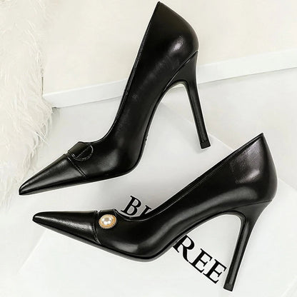 Retro Women Pearl Color Matching High Heels Stilettos Pointed Shoes