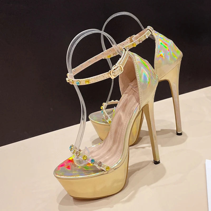 Summer Fashion Color Diamond Rivet Ankle Strap Platform High Heels for Women