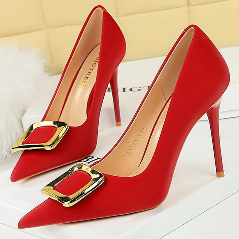 Metal Buckle High Heels Women Shoes Silks Satins Pointed Toe