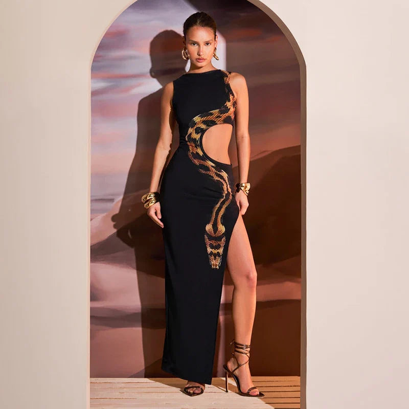 Snake Print Hollow Slit Maxi Dress