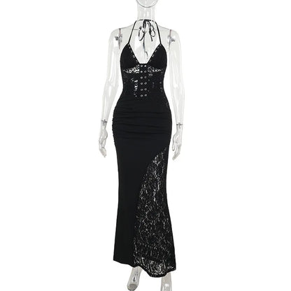Deep V Halter Backless Maxi Party Dress Women