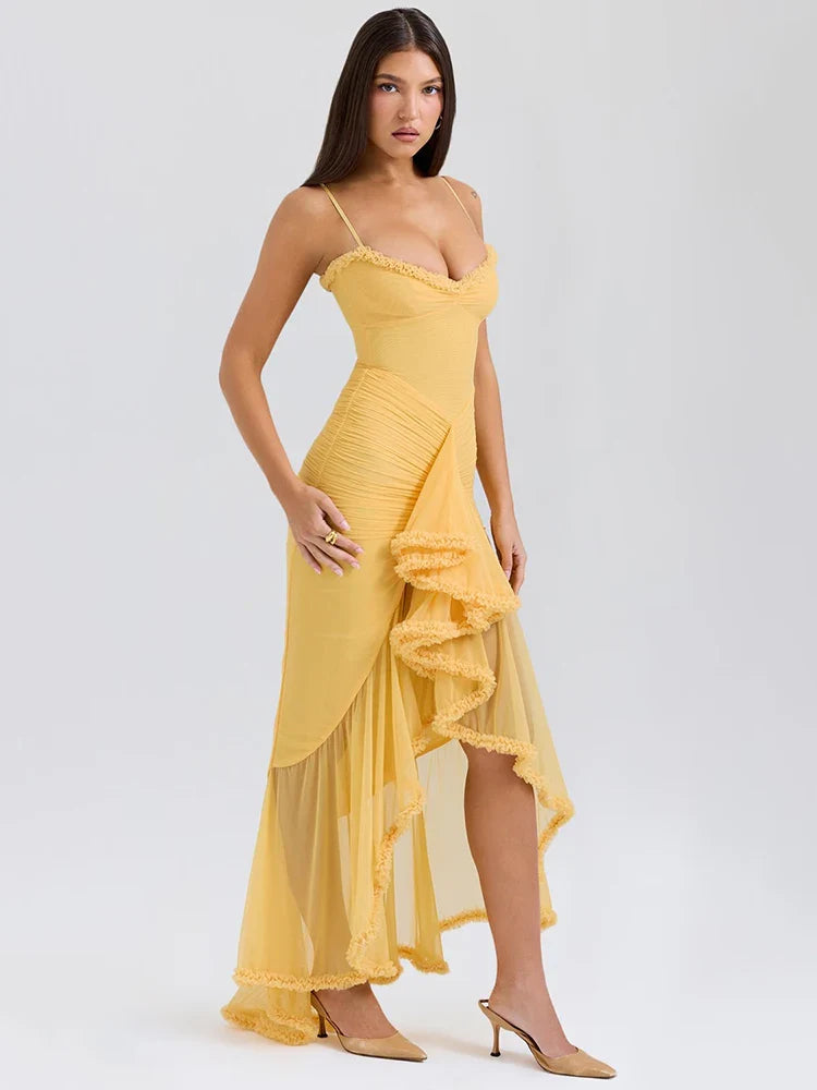 Ruffled Draped Yellow Maxi Bodycon Dress