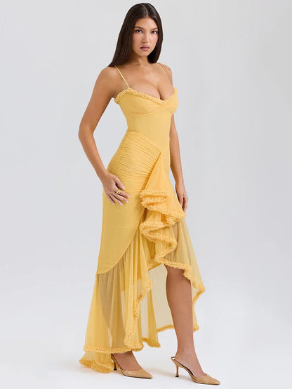 Ruffled Draped Yellow Maxi Bodycon Dress