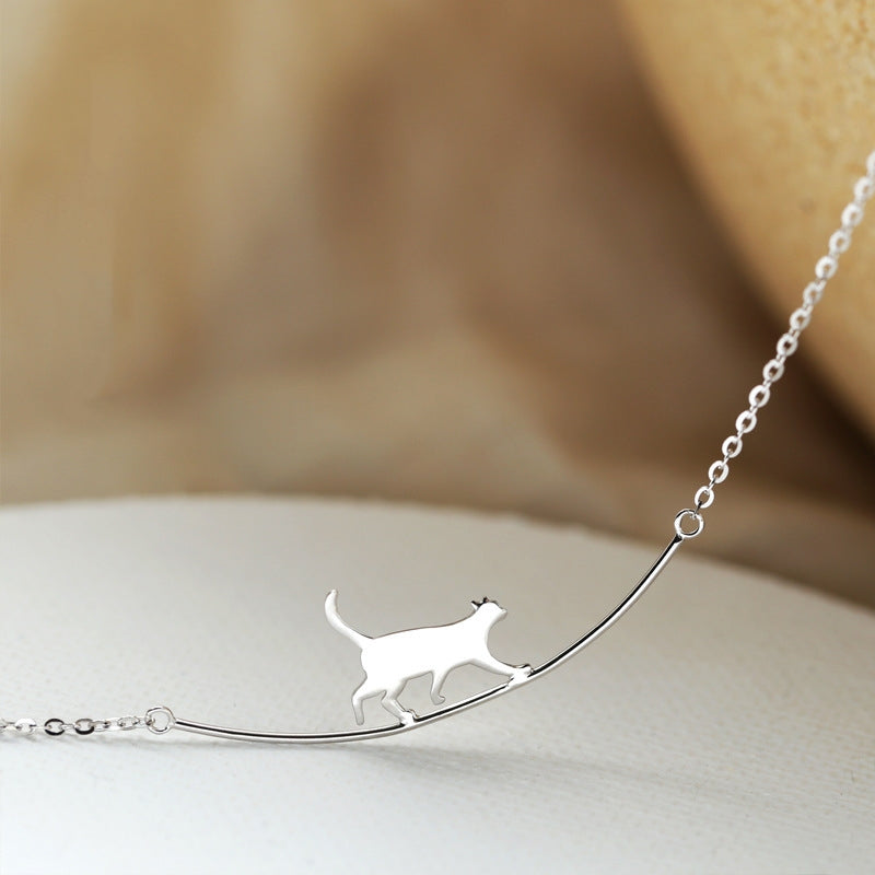 Maison Cat Curve Pendant Necklace | Sterling Silver Finish