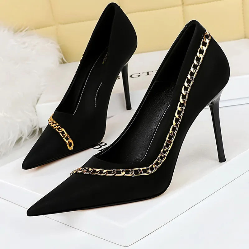 Metal Chain Women Pumps High Heels for Nightclubs Lady
