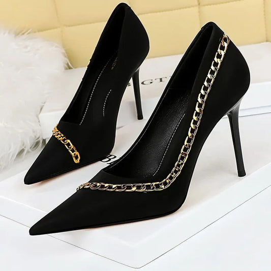 Metal Chain Women Pumps High Heels for Nightclubs Lady