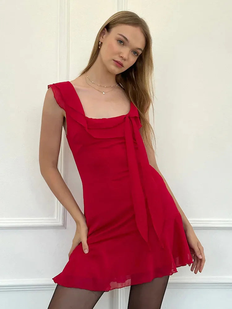 Ruffles Sleeveless Square Collar Mini Dress