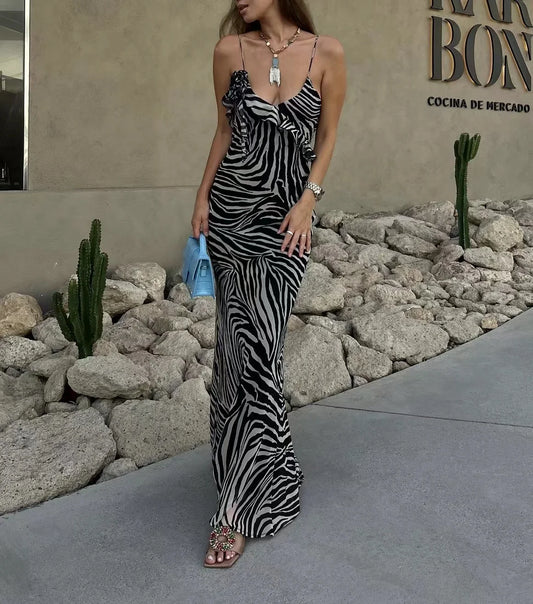 Ruffled Print Street Style Maxi Dress