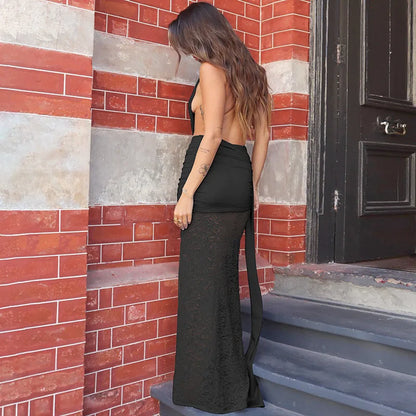 Halter Deep V Neck Lace Sleeveless Long Dress