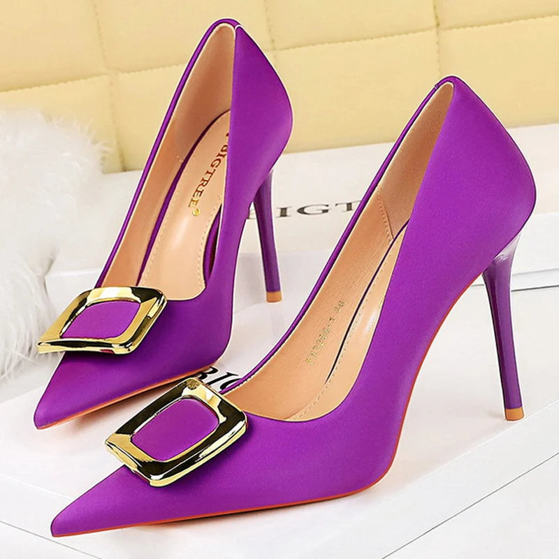 Metal Buckle High Heels Women Shoes Silks Satins Pointed Toe