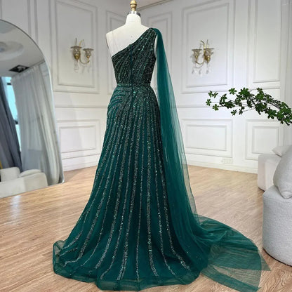 One-Shoulder Cape Sleeve Beaded Evening Dresses