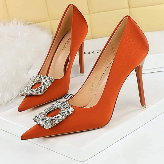 Rhinestone Women Pumps Silks Satins High Heels Stilettos Wedding Shoes
